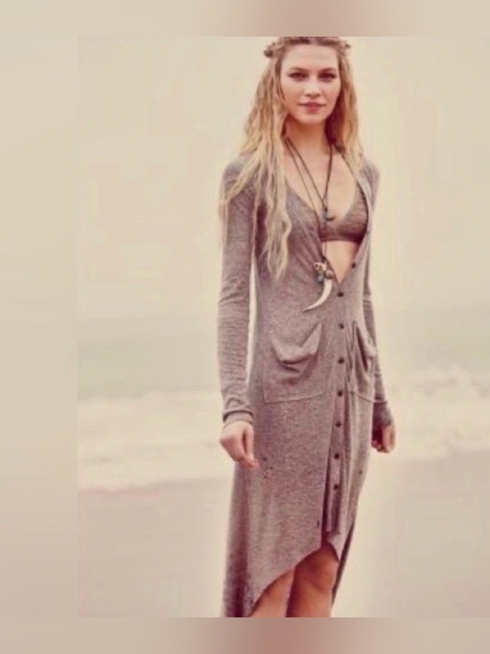 FP Beach Bonita long ribbed duster cardigan taupe sz medium